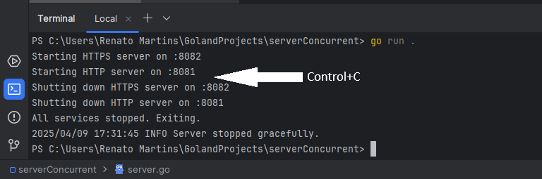 Terminal output with signal interruption